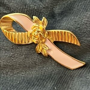 VINTAGE GOLD AND PINK BREAST CANCER AWARENESS RIBBON WITH FLORAL DESIGN